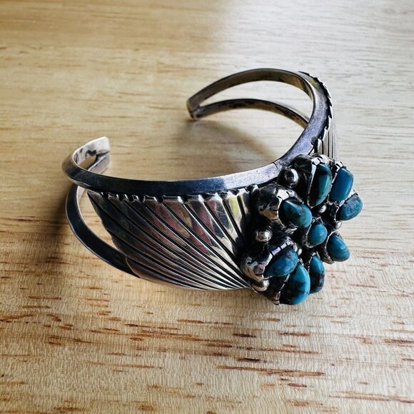 Vintage Navajo Stamped Tom Sterling Silver 9 Turquoise Cabs Cuff Bracelet Deco‎ - Picture 6 of 12